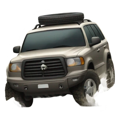 An SUV facing a road full of mud and rocks, with big tires and mud splashing around, showing resistance and adaptability. sticker