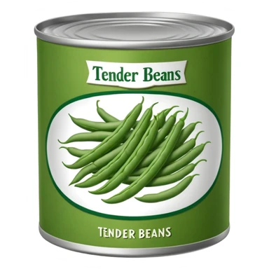 metal can with simple label open top showing tender green beans inside cut into even lengths moist slightly glossy packed in light brine muted green color soft texture cooked preserved vegetables no fork bowl branding just opened can soft lighting subtle shadows emoji scale sticker