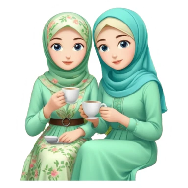Turkish beautiful finish Konya girls blue eyes with Beautiful light green floral hijab long tail dress and the two friends in a lovely garden sits on the chair on the ground and holds cup coffe with her hand  sticker