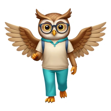 friendly anthropomorphised owl with wings instead of arms, colourful pants and shirt, wearing glasses, walking upright, unique pose 2 sticker