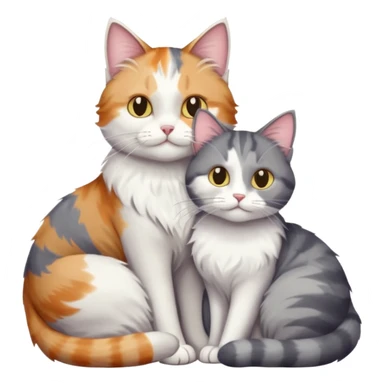 full body colourful light patched calico + white tabby cat cuddling a large grey and white cat  sticker