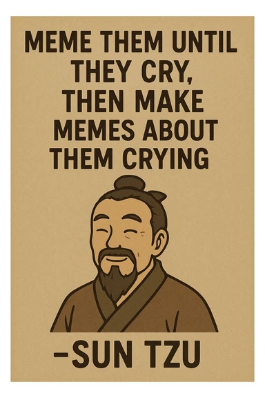 "Meme them until they cry, then make memes about them crying" -Sun Tzu 

as an inspirational poster, minimalism, semiotic signage, graphics for limited visibility signage sticker