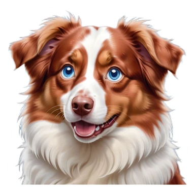 Cinematic Comical Predominantly White Red Merle Australian Shepherd Portrait Emoji, Head tilted dramatically with an exaggeratedly shocked or offended expression, predominantly white fur with distinctive red merle patches, wide, expressive blue eyes filled with exaggerated disbelief, Simplified yet hilariously expressive features, highly detailed, glowing with a slightly sassy glow, high shine, dramatic yet playful, stylized with an air of attitude, bright and endearing, soft glowing outline, capturing the essence of a sassy and over-the-top pup, so meme-worthy it feels like it could side-eye its way into internet fame instantly! sticker