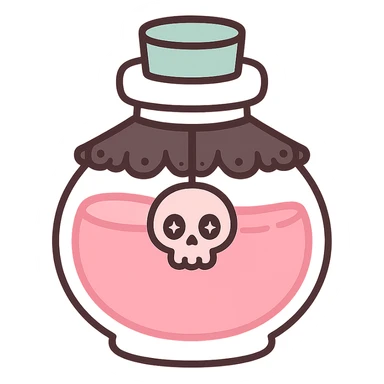 a pink potion bottle with gothic decorations, black lace, and a skull motif sticker