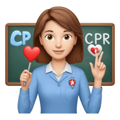 Happy Teacher, female, brown hair up, holding a pointer to a white board with a CPR logo. sticker