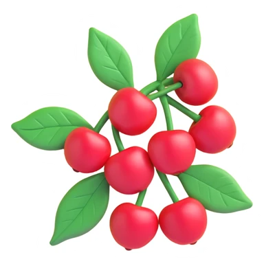 A branch with five cherries and green leaves, transparent background. iOS 3D style with soft shapes, smooth shadows, plasticine 3D effect, and bright colors. sticker