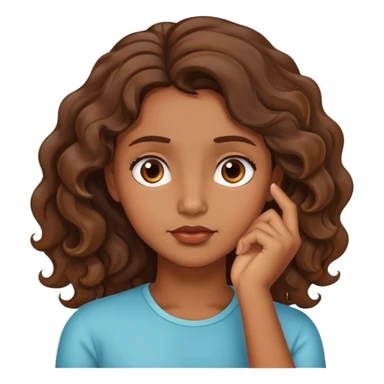emoji de menina morena com cabelo ondulado com a mão no queixo pensando sticker