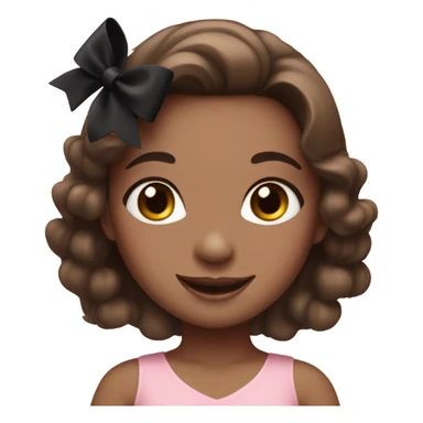 Girl wearing a pink dress with black bows and brunette hair smiling, blush sticker