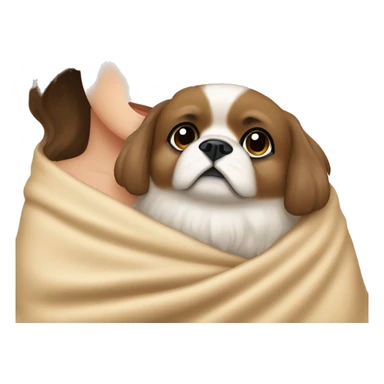 A Women with brown hair is cradling her Pekingese in a beige blanket sticker