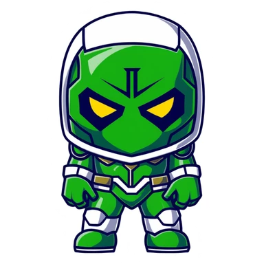 Doctor Doom standing tall with bright green eyes behind metal mask sticker
