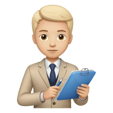 A person holding a checklist and pen is wearing smart casual clothing. The character is in a focused pose sticker