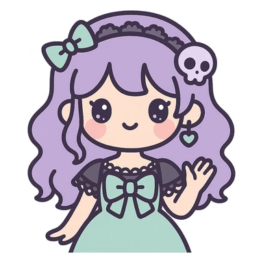 dreamy pastel goth K-pop girl, soft lavender and mint colors, gothic lace, whimsical pose, adorable accessories sticker