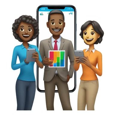 group with three happy person with a smartphone showing charts sticker