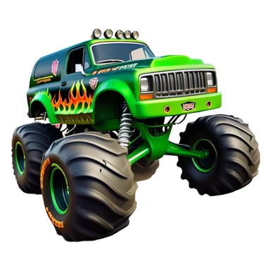 Grave Digger - Monster Jam (Model Year: 2022) (Iconic colour: Green with flames) - A legendary monster truck with a fearsome design: predominantly deep green with dynamic, vibrant flame graphics in bright orange and yellow. Highlight its rough, edgy bodywork and an aura of untamed rebellion. sticker