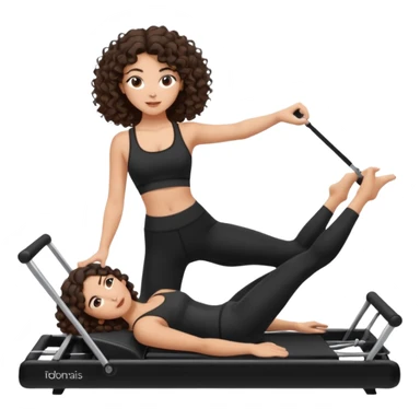 brunette,curly hair shoulder lenght,turkish,beautiful,with some eyelined eyes, 3b girl doing reformer pilates with black pilates cutesy set,on reformer machine,making different moves. sticker