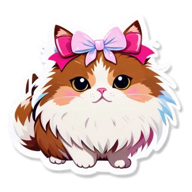 Brown and white fluffy cat with pink bow  sticker