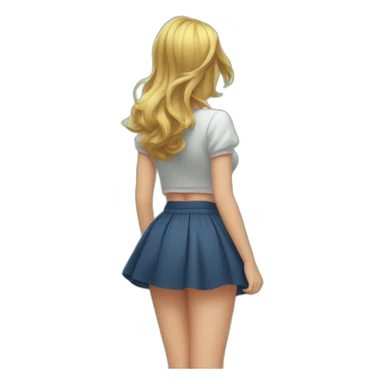 full body back view curvy caucasian beauty in small skirt lifted by the wind butt white socks sticker