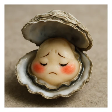 A cute oyster with a shy expression, very red cheeks, looking down, in photorealistic style. sticker
