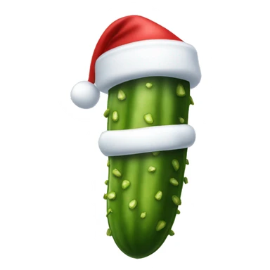 A big Christmas dill pickle wearing a Santa hat sticker