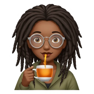 darker skin female with dark dreadlock hair wearing large round glasses sipping a cup of tea with her pinky out sticker