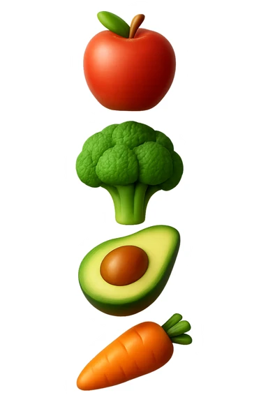 emoji stile iphone in 3d di cibo sano che fluttua in aria vericalmente, iperrealistico 4k sticker