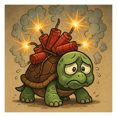 A cartoon turtle with firecrackers on its shell, appearing very sad and in pain, the firecrackers are sparking and dangerous sticker