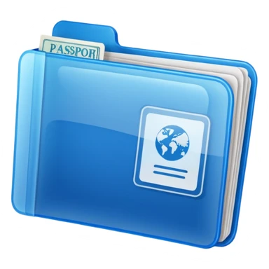 A translucent blue plastic folder with rounded corners, passport documents\ sticker