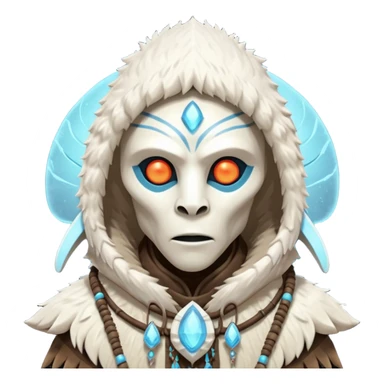 ancient arctic alien shaman portrait, head and shoulders only, Inuit-inspired fur hood, carved bone ornaments, glowing cosmic eyes, icy alien skin, spiritual sci-fi vibe, 3D cartoon, mobile game icon style, clean background, no text, no watermark


 sticker