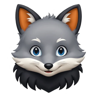 Grey anthropomorphic furry fox with a black coat, blue eyes, and a small fringe of black hair, smiling sticker