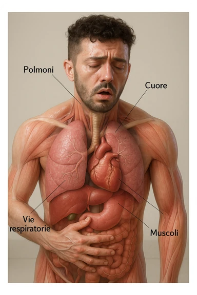 Uomo con stanchezza e respiro corto vista anatomica immagine realistica in 3D in italiano sticker