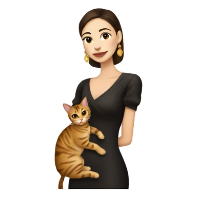 Beautiful skinny woman long dark brown hair in dark dress with gold earrings hug bengal cat sticker