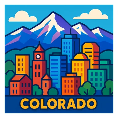 stylized illustration of a Colorado city skyline with mountains in the background, vibrant colors, clean lines sticker