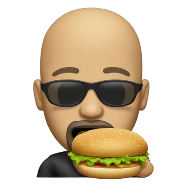 Bald man with sunglasses, beard & gold chain eating a hamburger sticker