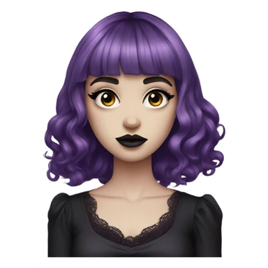 one single alt women, purple hair, wavy hair, medium hair, short bangs, dark makeup, dark pink lips, gothic detailed strap dress, white skin  sticker