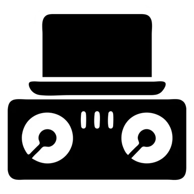 A DJ setup in a black filled icon style, with a laptop. sticker