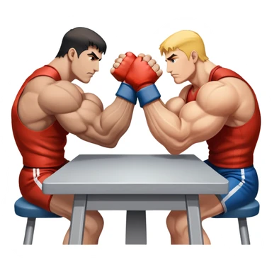Two powerful arms locked in an intense arm wrestling competition. One arm is strong and steady, while the other strains to push back. The background shows a simple table with a focus on the clash of strength and determination. Transparent background. sticker
