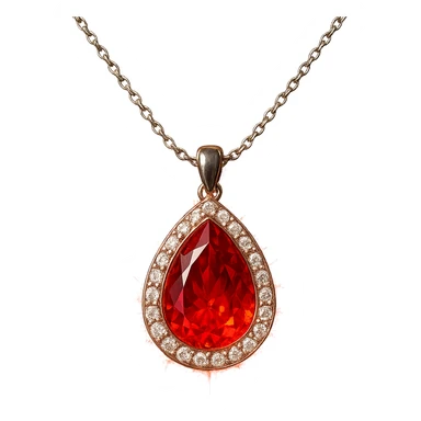 A teardrop-shaped ruby pendant cradled in a delicate silver chain, haloed by shimmering white stones, glowing with fiery red light sticker