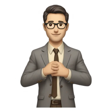 To belt Actively gesturing with hands Pale skinned fit man with dark brown hair in gray jacket, beige office shirt, brown tie, brown pants and vintage glasses. sticker