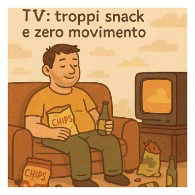 Uomo di 30 anni seduto sul divano, circondato da pacchetti vuoti di patatine, birra e snack, TV accesa su un programma serale, testo in italiano: “Serate davanti alla TV: troppi snack e zero movimento”. sticker
