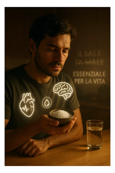 A realistic, cinematic illustration of a man in his early 30s holding a small bowl of unrefined sea salt in his hand, looking at it with awareness and respect. Around him, glowing minimalistic symbols of a beating heart, a brain, and hydrated cells appear, indicating the essential role of sodium in hydration, nerve conduction, and overall cellular health. In the background, faint text or floating words show the false myths: ‘Il sale fa male’, crossed out gently, while the phrase ‘Essenziale per la vita’ glows softly. The setting is a warm, softly lit kitchen with a glass of water nearby, emphasizing balance. The color palette is warm, natural, and calming, emphasizing that salt, when used consciously, is vital for human health, against common misconceptions demonizing it. sticker