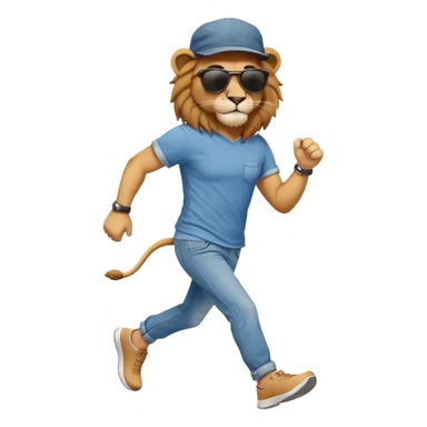 friendly anthropomorphised lion in jeans and a t-shirt, wearing dark sunglasses and a hat, jogging upright in relaxed pose sticker