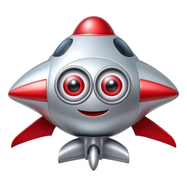 A silver and red toy spaceship with big eyes and a smiling face sticker