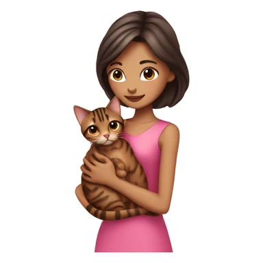 Beautiful skinny woman long dark brown hair in pink dress hug bengal cat sticker