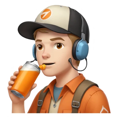 Team Fortress 2 Scout drinking BONK! Atomic Punch orange can, wearing headset and baseball cap, canonical appearance sticker
