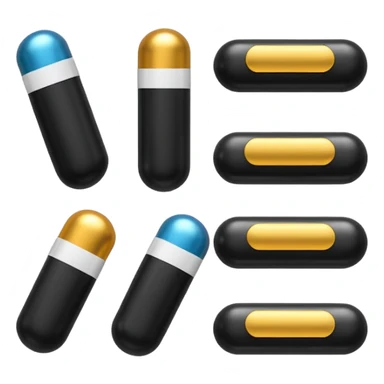 Minimalistic futuristic black medicine pills pack emoji, metallic black and white, reflective sleek surfaces, flat vector design, high-tech clean UI icon sticker
