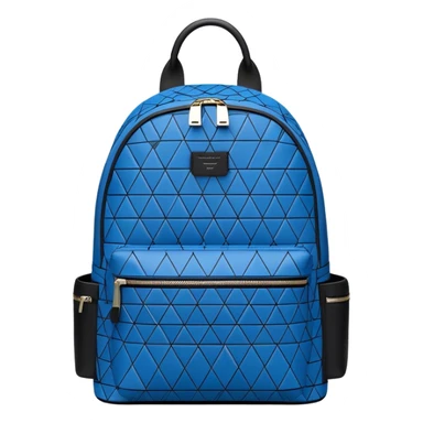 A stylish backpack, medium-sized, with a modern design in blue and black. It features a geometric pattern of subtle triangles across the front pocket, giving it a sleek yet dynamic look, front view sticker