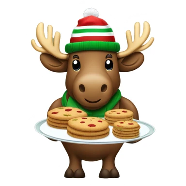 Moose wearing green and red striped winter hat and holding a tray of cookies sticker