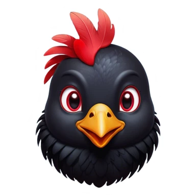 Cinematic Cute Black Chicken Portrait Emoji, Head tilted playfully and inquisitively, featuring sleek, lustrous black feathers and a vibrant red comb, round, sparkling beady eyes filled with curiosity, Simplified yet irresistibly adorable features, highly detailed, glowing with a warm, friendly glow, high shine, affectionate and lively, stylized with a touch of whimsical charm, bright and endearing, soft glowing outline, capturing the essence of a mischievous yet loving chicken, so playful it feels like it could peck out of the screen and into your arms! sticker