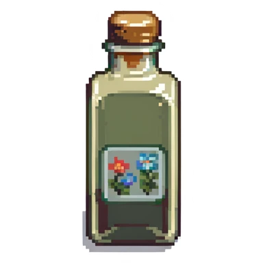small square bottle with a label in pixel art style sticker