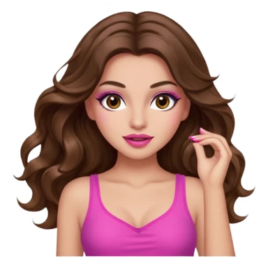 girl with long wavy brown hair, brown eyes, long lashes makeup, sexy pink lips, light to medium complexion, pink sexy top, dancing sticker